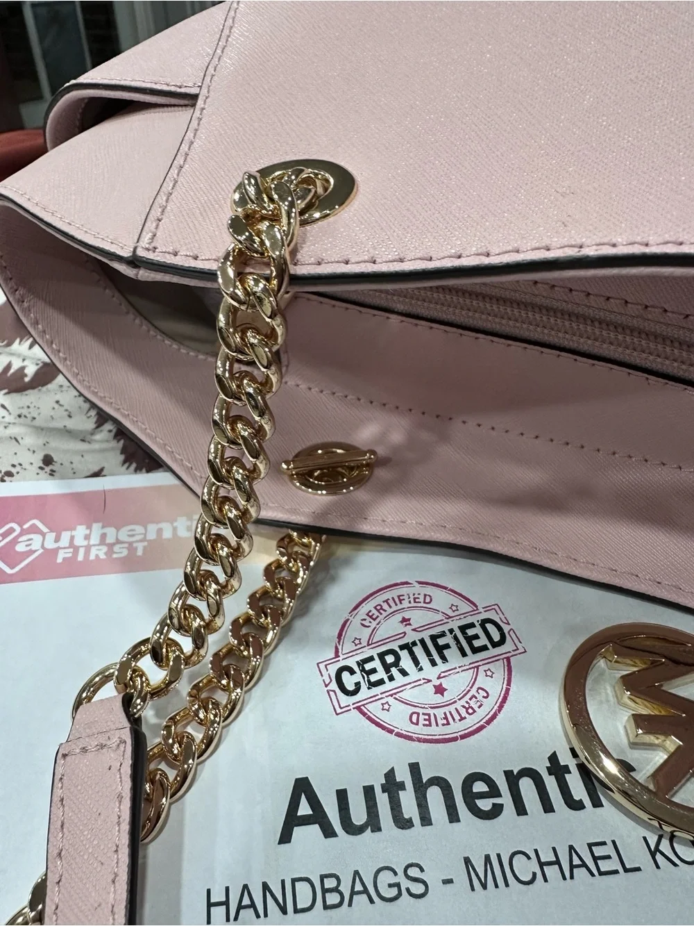 Michael Kors Blush Pink Leather Shoulder Tote with Gold Accent. COA